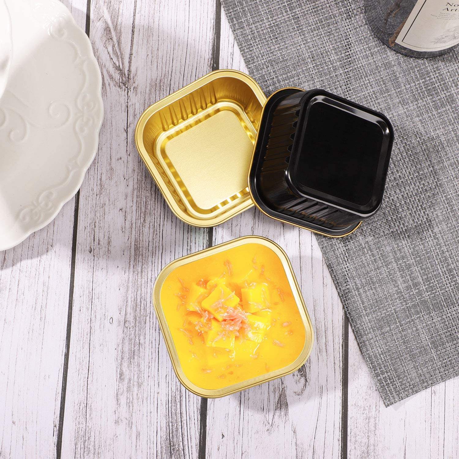 Mini Cake Pans Disposable Square Cupcake Tins with Lid Aluminum Foil Dessert Containers (2) 180ml Black Mini Cake Pans with Lids | Disposable Aluminum Foil Cupcake Tins